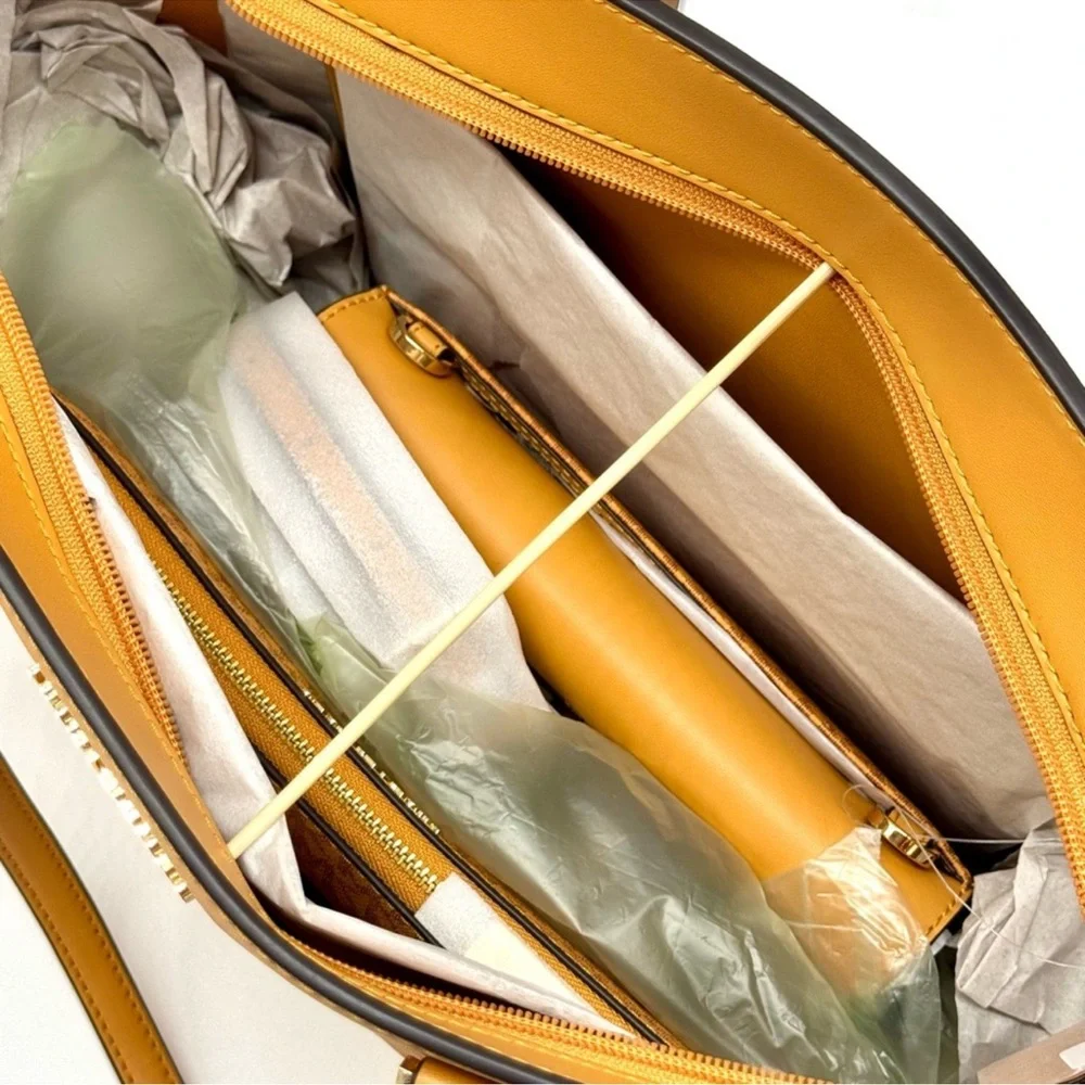 Michael Kors Charlotte LG Tote Bag 3 IN 1 Leather Tote Bag & Bifold Wallet Cider